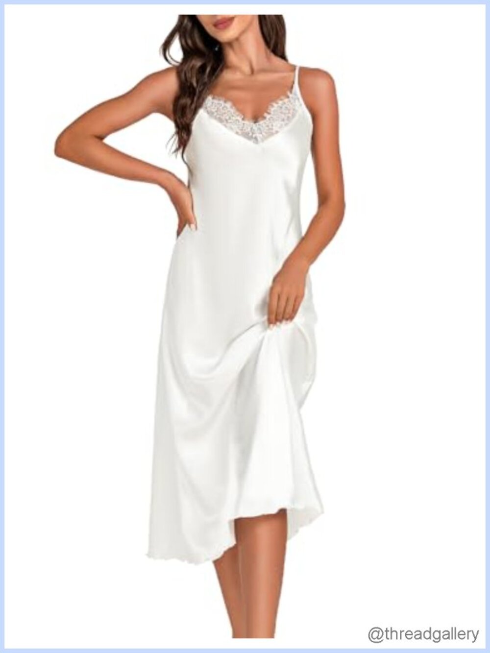 Satin Long Nightgown Lace Trim V-Neck Slip Dress Adjustable Spaghetti Straps